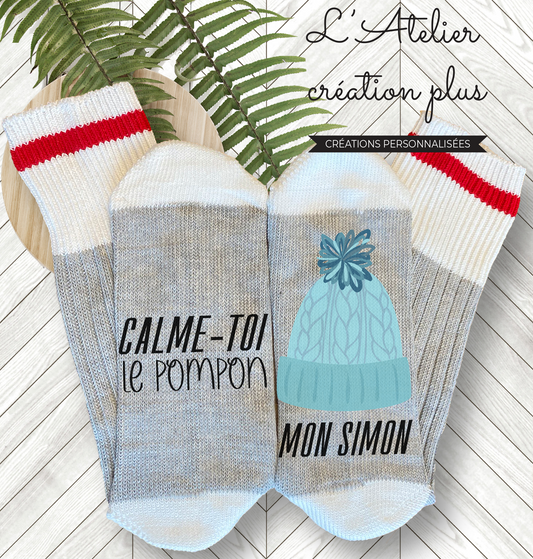 Bas style chalet "Calme-toi le pompon mon Simon"